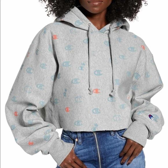 Champion Logo Print Reverse Weave Crop Hoodie - Picture 1 of 4
